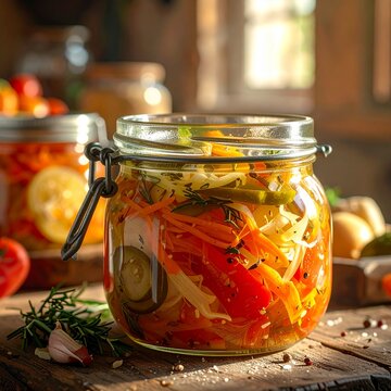 Fermentiertes Gem&uuml;se im Glas Detailaufnahme