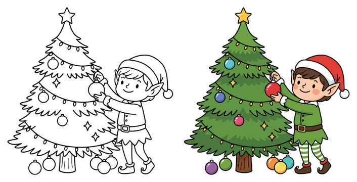 Christmas elf decorating festive tree with ornaments coloring page illustration artwork