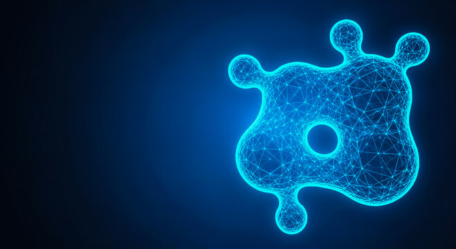 High-detail 3D illustration of a luminous virus with interconnected nodes, representing microscopic pathogens or digital threats.