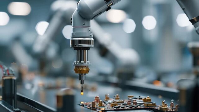 Robotic arm assembling electronic components in a manufacturing facility during the daytime