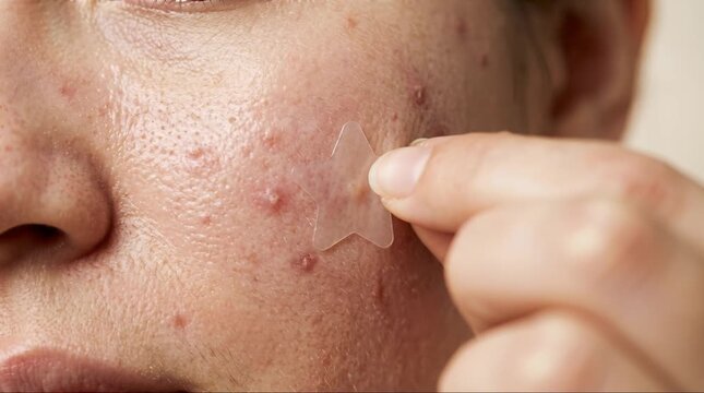 Close up of person applying transparent acne patch on pimple, skin positivity and dermatology.