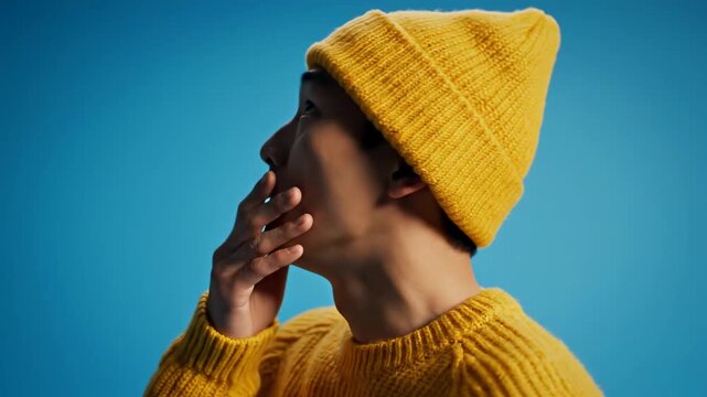 Surprised young Asian man covering mouth with hand in shock against a blue background.