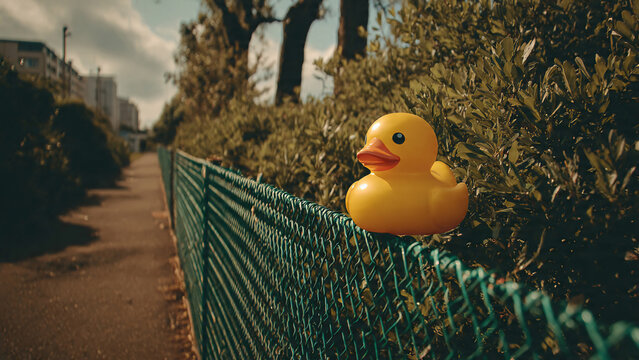 Yellow rubber duck perched on a green chain-link fence along a park path, shallow depth of field with warm golden hour light, concept for childhood