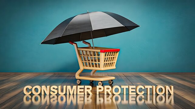 Consumer protection concept with shopping cart and umbrella representing safe online shopping