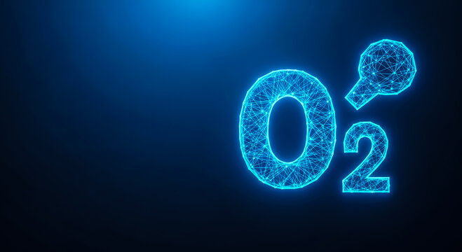 Digital illustration of a luminous O2 oxygen molecule symbol with electric blue glow, representing science, chemistry, and medical themes.