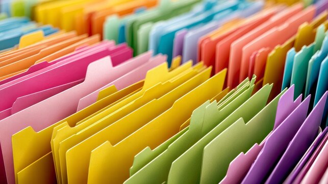 Bright office folders filled a background, seen up close.