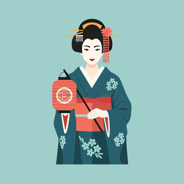 Beautiful Japanese Geisha in Traditional Kimono Holding a Red Paper Lantern, Elegant Vector Illustration of Japanese Culture
