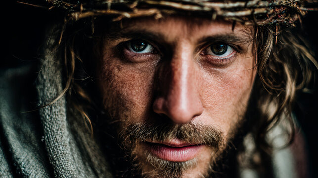 Close-up portrait of a man with a crown of thorns and intense eyes