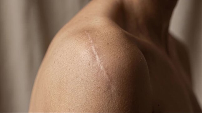Close up of a prominent scar on person's bare shoulder, real skin texture and body positivity concept.