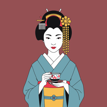 Elegant Japanese Geisha Illustration Wearing Traditional Kimono and Holding a Tea Cup