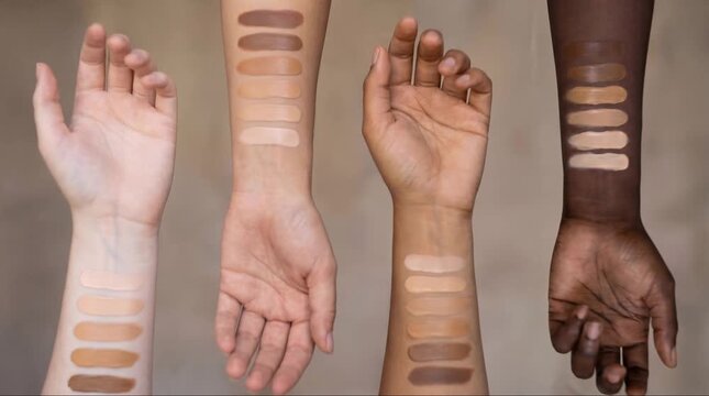 Cosmetic foundation swatches on diverse skin tones, inclusivity in beauty industry.