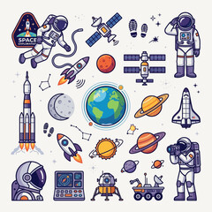 A vibrant collection of cartoon illustrations depicting various elements of space exploration, including astronauts, rockets, planets, satellites, and celestial bodies. © Insan
