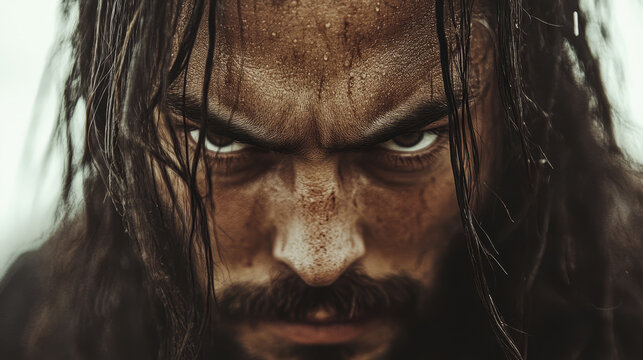 Intense close-up portrait of a weathered man with long dark hair and dirt on his face