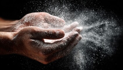 Fototapeta premium Close-up of Hands Releasing Fine White Powder Against Dark Background.