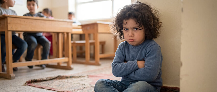 child classroom isolation emotional distress behavior challenge school stress closeup with student sitting alone in corner while peers work nearby suggesting social anxiety support and inclusion needs