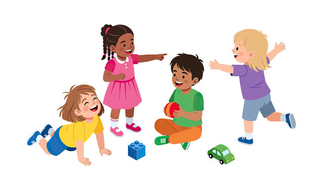 Diverse Group of Happy Children Playing Together with Toys, Kindergarten and Preschool Concept Vector Illustration