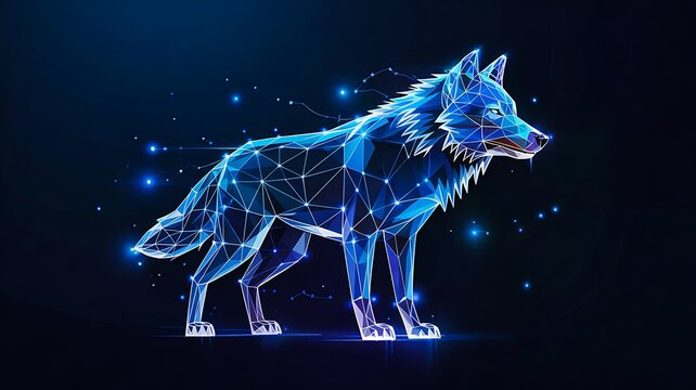 Futuristic polygon wolf with glowing digital lines representing technology and artificial intelligence