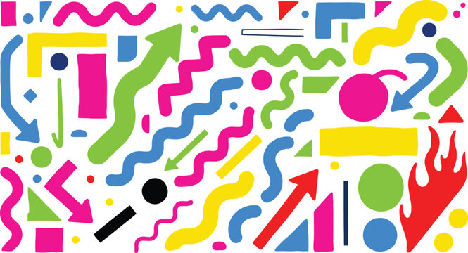 Colorful memphis style abstract geometric shapes and arrow pattern set