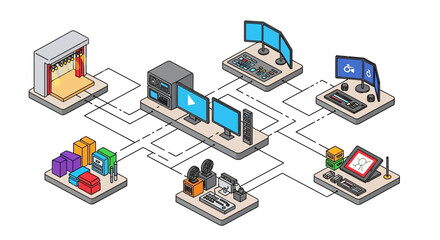 Fototapeta premium Illustration of interconnected media production and broadcasting equipment