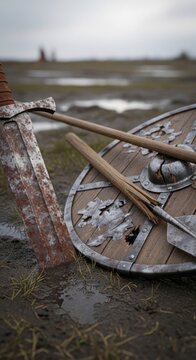 Rusty Broadsword Embedded in Mud Beside Broken Shield