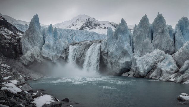 Majestic Glacier Waterfall Cascading into Serene Lake Amidst Snowy Peaks.