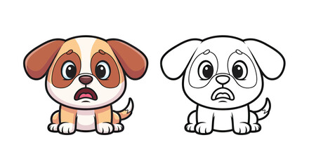 Obraz premium Cute Cartoon Puppy Character with Sad Expression, Color and Line Art Vector Illustration for Kids Coloring Book