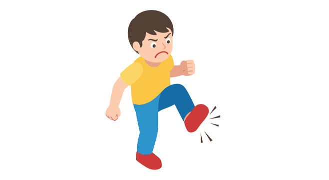 Angry young boy stomping his foot in frustration, vector illustration of a child having a temper tantrum and expressing aggressive behavior isolated on white background.