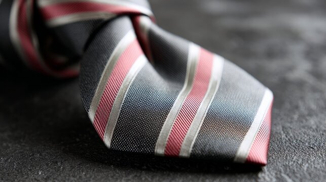 Close up shows a striped tie on a grey textured table.