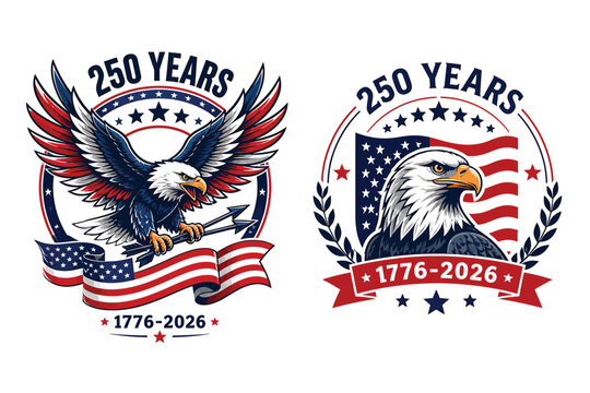 Patriotic american eagle emblems for 250 years anniversary with us flag and stars commemorating the 1776 to 2026 milestone patriotic anniversary independence national predator milestone