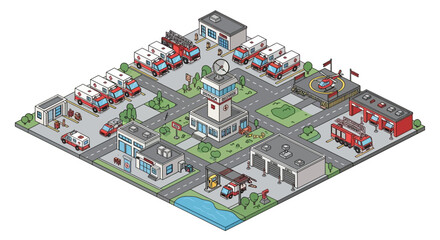 Obraz premium Isometric view of a city emergency services base with ambulances and fire trucks