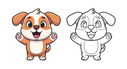 Fototapeta premium Cute Cartoon Puppy Dog Character Illustration Set with Line Art for Coloring Book Page