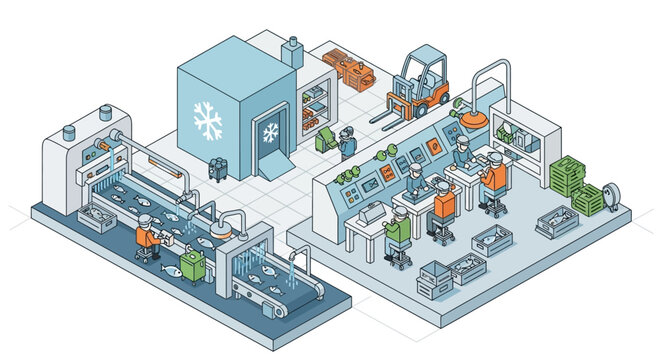 Fish processing plant with workers and machinery.