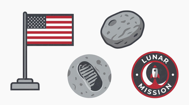 Space exploration illustration of a flag, rock, footprint and logo of the moon