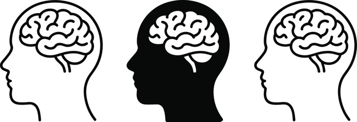Human head brain icon vector illustration showing outline and solid silhouette styles for mental process intelligence and idea concept © MD MILON
