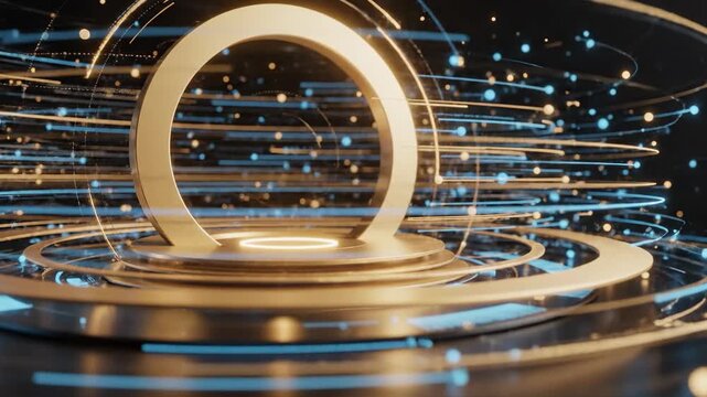 Futuristic digital podium with glowing rings and data particles representing high technology and innovation.
