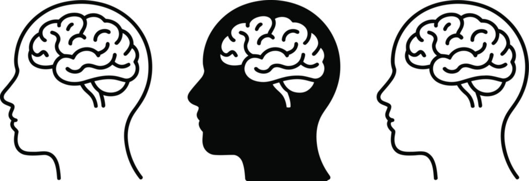 Human head brain icon vector illustration showing outline and solid silhouette styles for mental process intelligence and idea concept