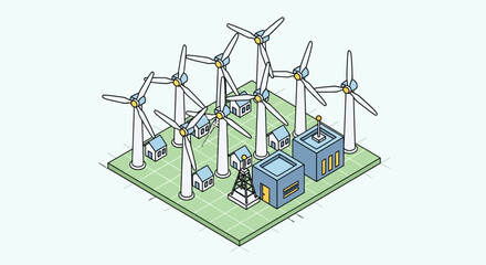 Isometric Illustration of a Sustainable Smart Grid with Wind Turbines and Houses © Sof Yan