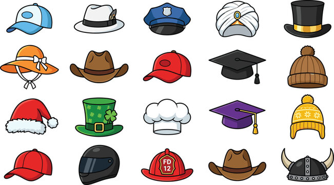 Colorful Hat and Cap Icon Set with Police, Cowboy, Chef, Santa, Firefighter, Viking, and Graduation Hats for Costume and Fashion Design Projects