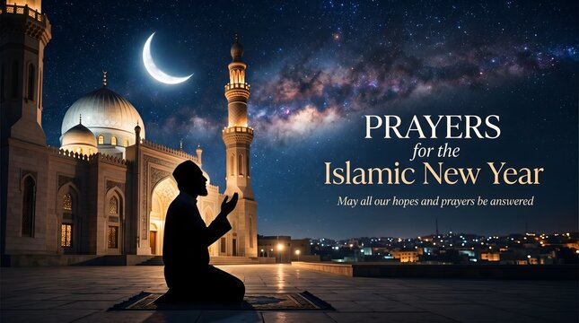 Muslim man praying at mosque under milky way sky for Islamic New Year banner