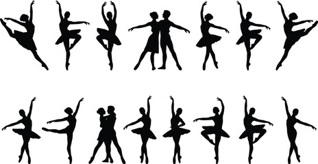 Ballet Dancer Silhouette Set with Solo and Couple Dancers in Elegant Poses and Tutu for Dance, Performance, and Art Design Projects © Mifta