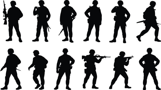 Military Soldier Silhouette Set with Armed Forces in Standing, Walking, Running, and Shooting Poses for War and Defense Design Projects