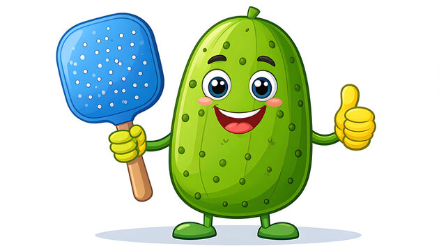 Happy cartoon cucumber character holding a blue starry paddle and giving a thumbs up, isolated on white, pixel art style