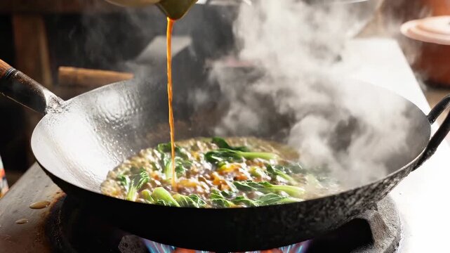 Fresh green bok choy stir frying in a hot traditional iron wok with steam rising over a gas flame.