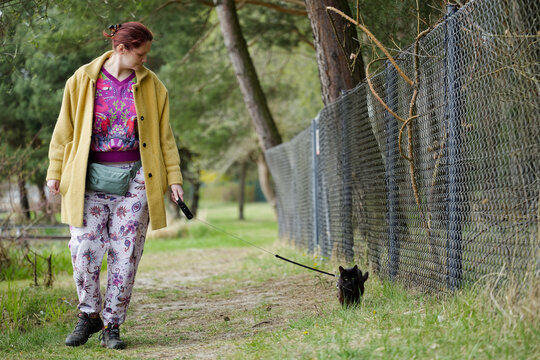 Woman walking a cat on a leash.