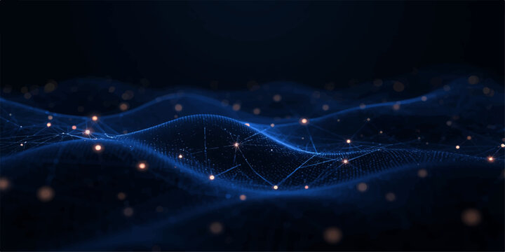 Abstract futuristic digital network background with glowing blue nodes and flowing mesh lines forming a dynamic wave pattern, data stream visualization and neon grid system