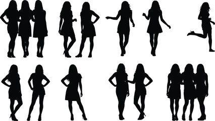 Group of female silhouettes in dynamic poses, walking standing and interacting figures, black isolated women, fashion body language vector illustration set © SreeMoti