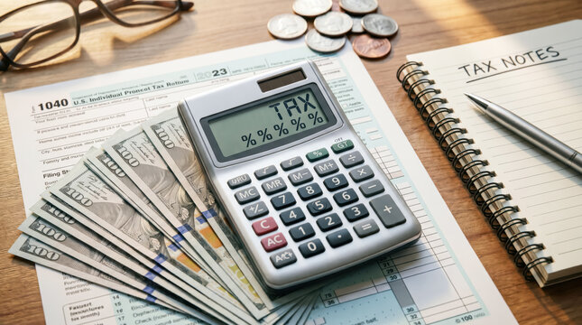 Calculator with tax word on display, us 1040 tax form, money, and notebook on wooden desk