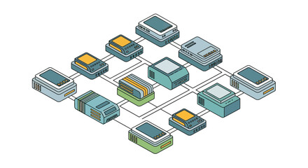 Abstract isometric network of connected devices on white background © Sof Yan