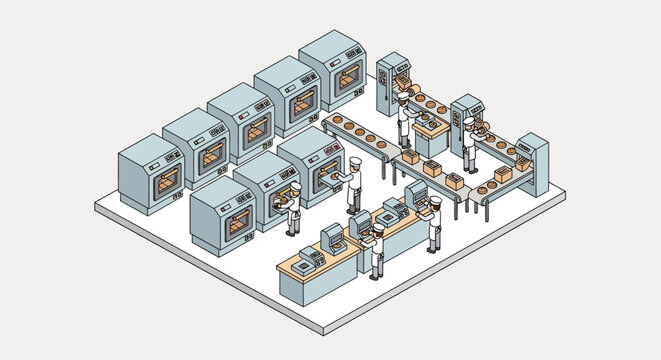 Isometric food production line with bakers and ovens