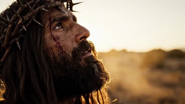 Dramatic portrait of Jesus Christ wearing a crown of thorns during the passion in golden sunset light.